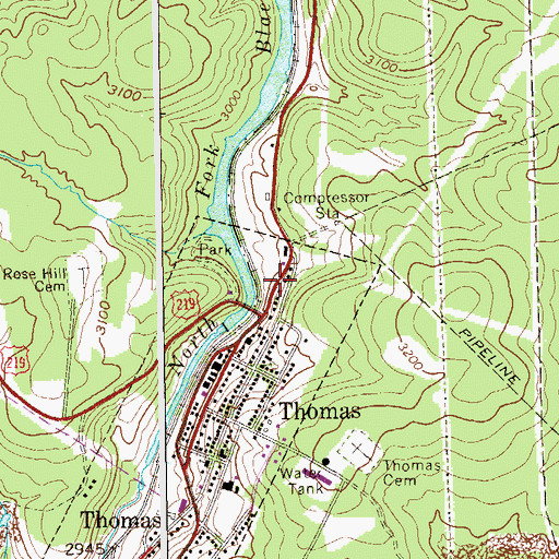 Topographic Map of Thomas Bridge, WV
