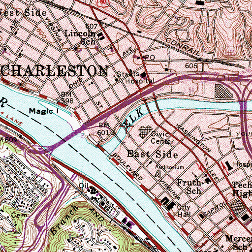 Topographic Map of Quarrier Street Bridge, WV