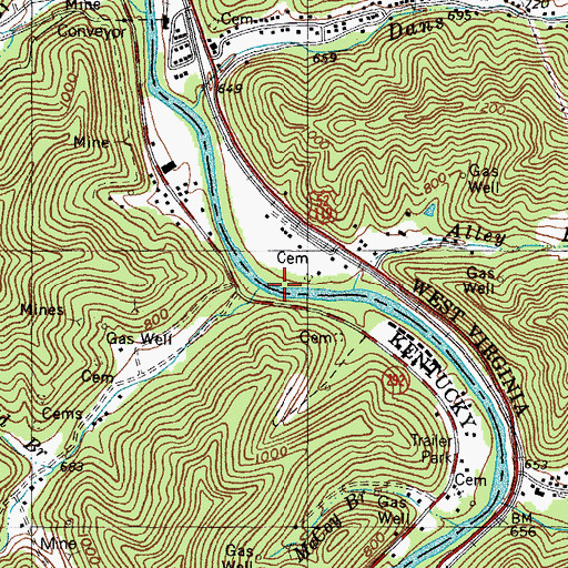 Topographic Map of Borderland Tug Fork Bridge, WV