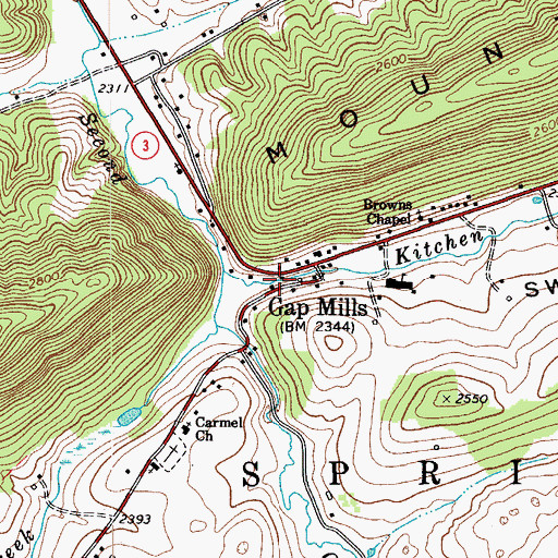 Topographic Map of Gap Mills Ruritan Memorial Bridge, WV