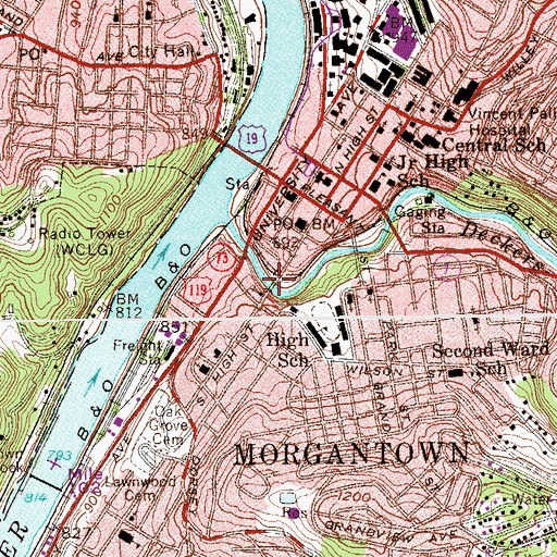 Topographic Map of South High Street Bridge, WV