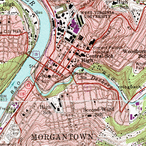 Topographic Map of Walnut Street Bridge, WV