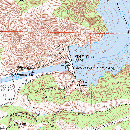 Topographic Map of Pine Flat Dam, CA