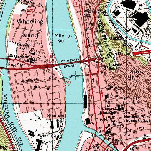 Topographic Map of Wheeling Suspension Bridge, WV