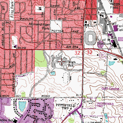 Topographic Map of Pioneer High School, MI