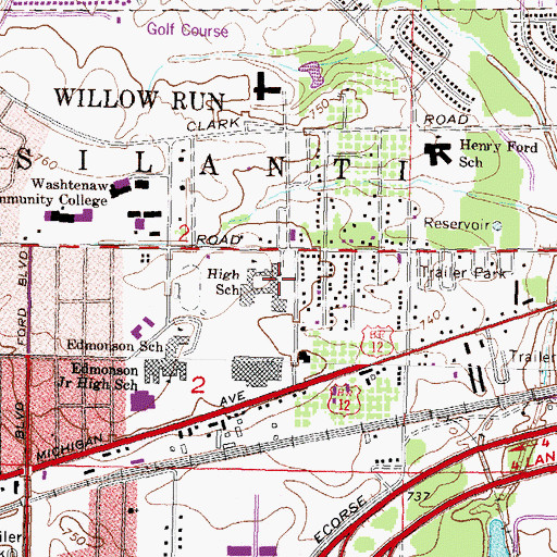 Topographic Map of Willow Run High School, MI