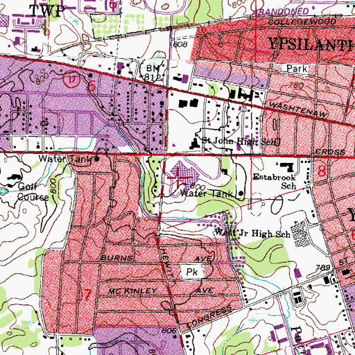 Topographic Map of Ypsilanti High School, MI