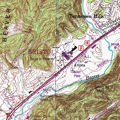 Topographic Map of Twin City Drive-In, TN