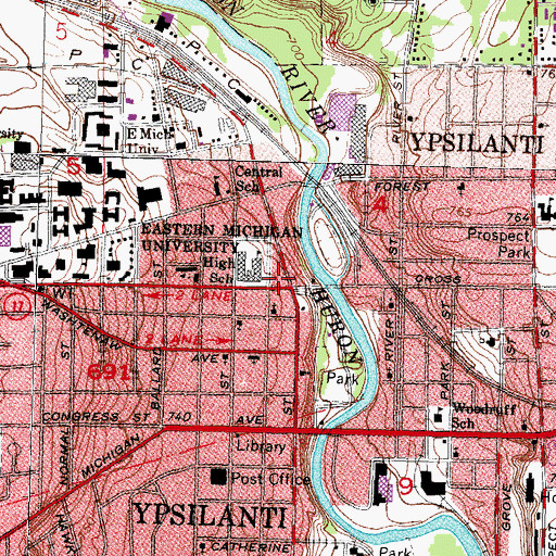 Topographic Map of Ypsilanti Firehouse Museum, MI