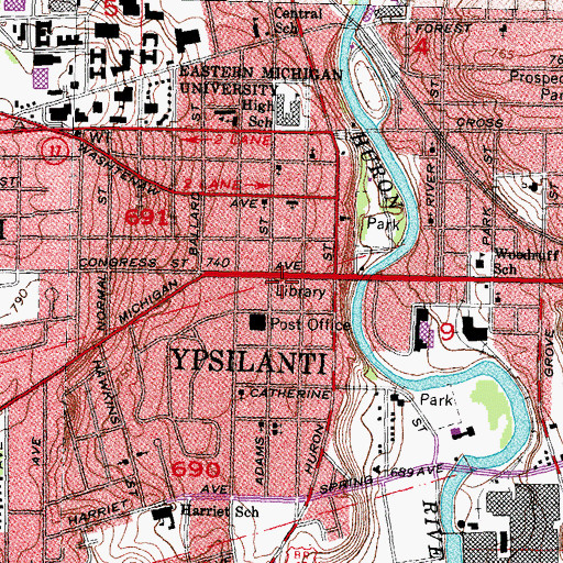 Topographic Map of Ypsilanti City Library, MI