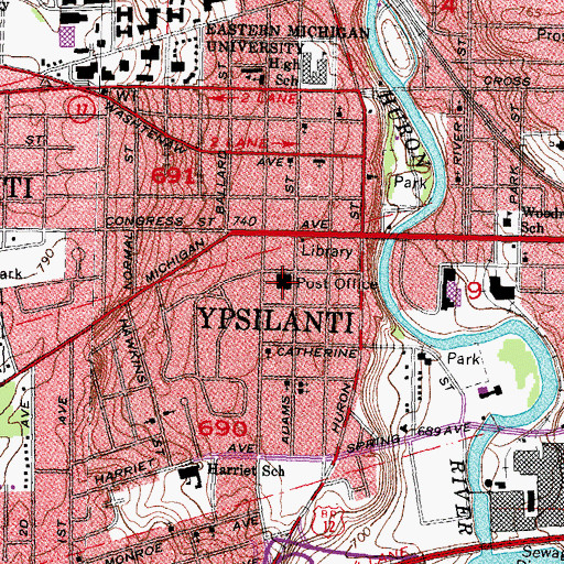 Topographic Map of Ypsilanti Post Office, MI