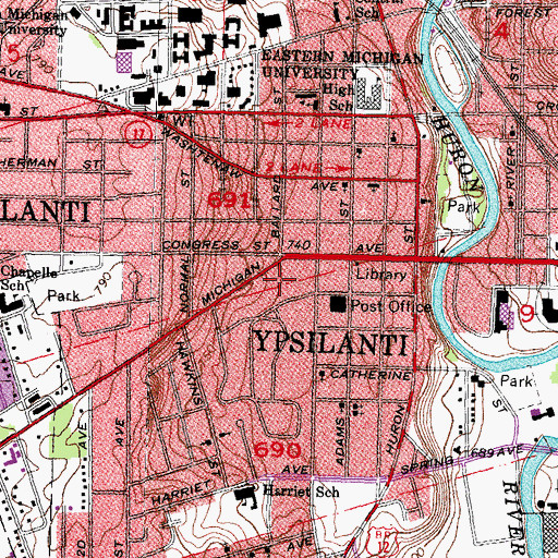 Topographic Map of Ypsilanti Police Department, MI