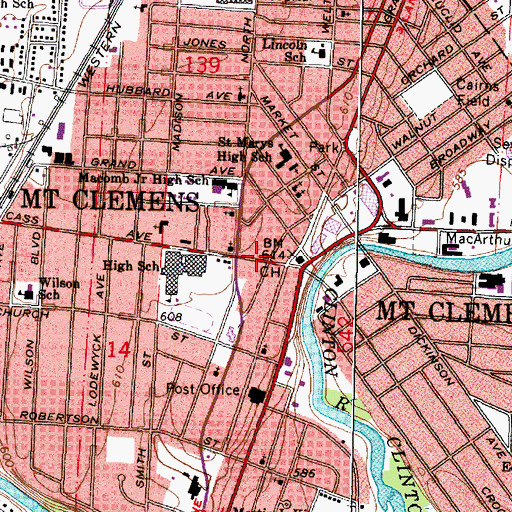 Topographic Map of Mount Clemens Mineral Bath Industry Historical Marker, MI