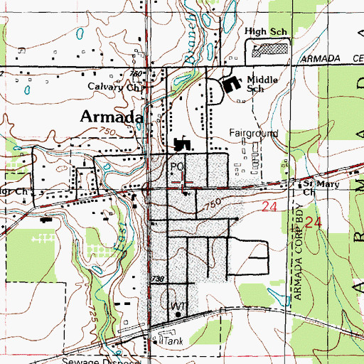 Topographic Map of Armada Community Church, MI