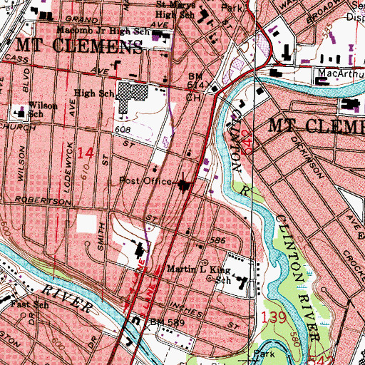 Topographic Map of Mount Clemens Post Office, MI