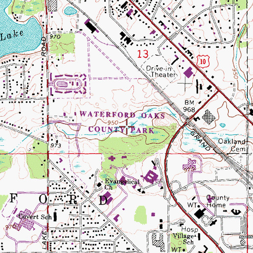 Topographic Map of Waterford Oaks County Park, MI