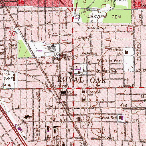 Topographic Map of First Baptist Church of Royal Oak Historical Marker, MI