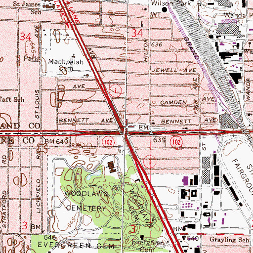 Topographic Map of Michigan's First Tri-Level Intersection Historical Marker, MI