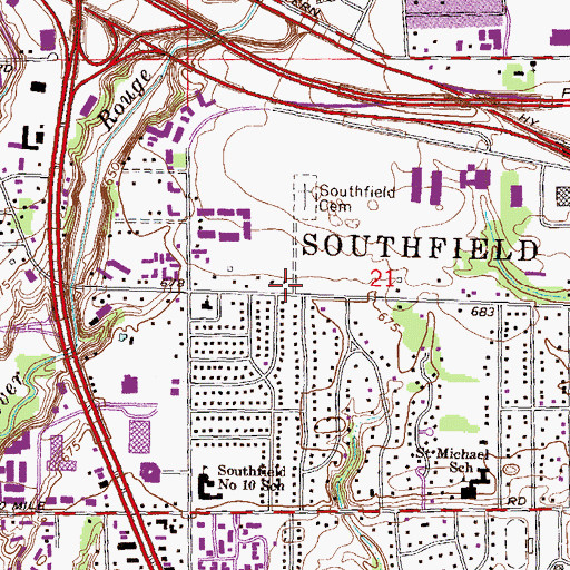 Topographic Map of Southfield Cemetery Historical Marker, MI