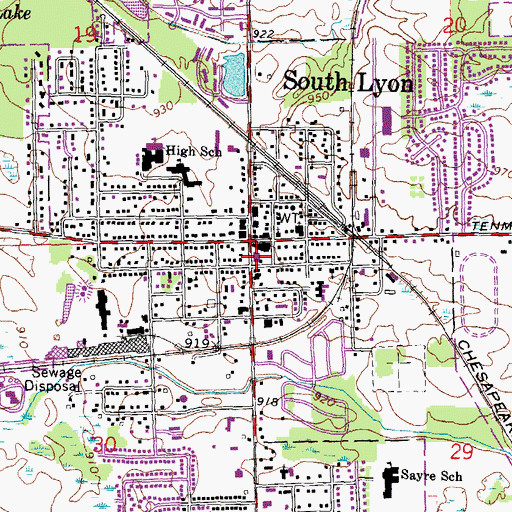 Topographic Map of South Lyon Post Office, MI