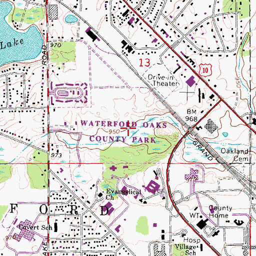 Topographic Map of Waterford Oaks County Park, MI