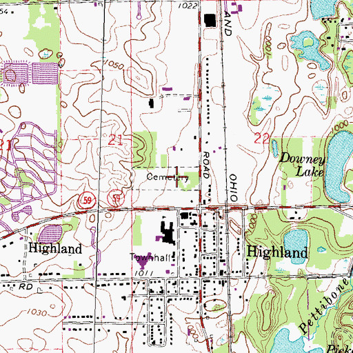 Topographic Map of Highland Cemetery, MI
