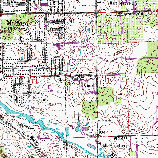 Topographic Map of Milford Memorial Cemetery, MI