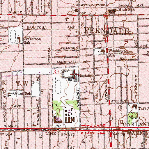 Topographic Map of Ferndale High School, MI