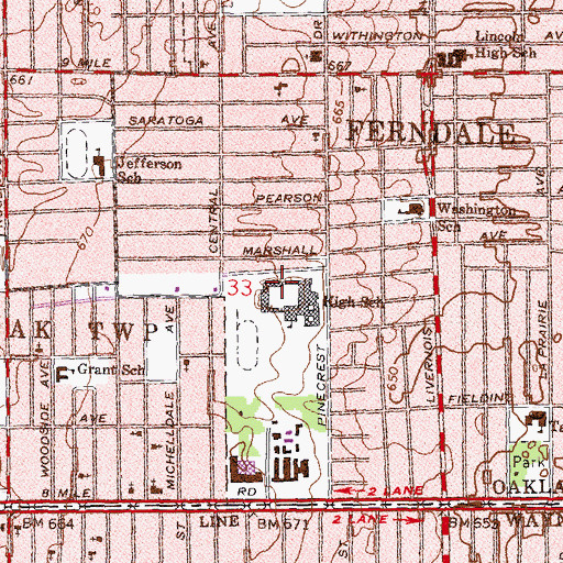 Topographic Map of Ferndale Middle School, MI