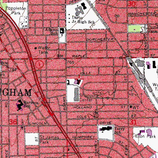 Topographic Map of Birmingham Post OFfice, MI