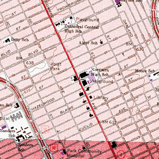 Topographic Map of Central Woodward Christian Church Historical Marker, MI