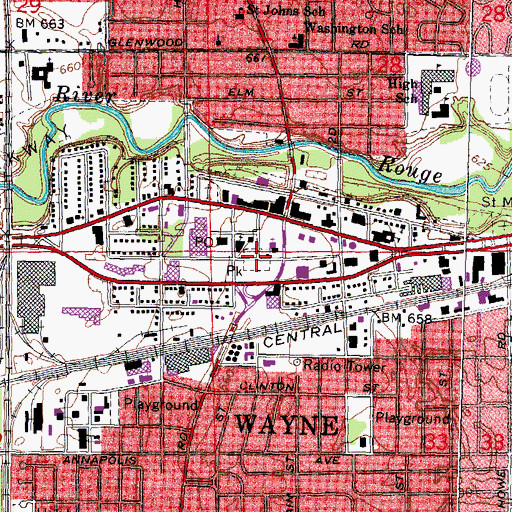 Topographic Map of Old Wayne Village Hall Historical Marker, MI