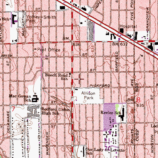 Topographic Map of Redford Township District Number Five School Historical Marker, MI