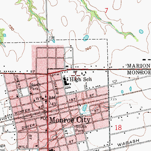 Topographic Map of Monroe City High School, MO