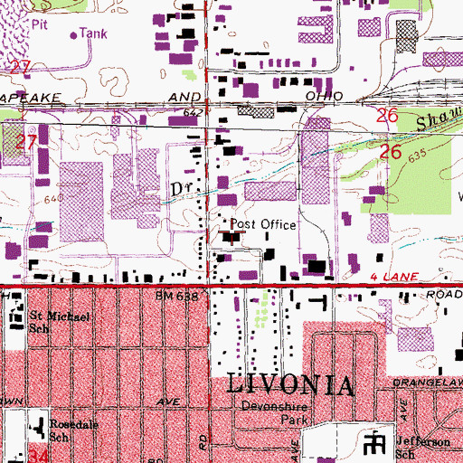 Topographic Map of Livonia Post Office, MI