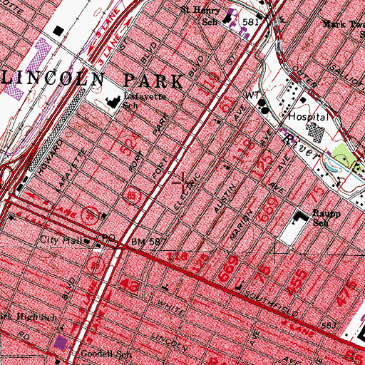 Topographic Map of Lincoln Park Post Office, MI