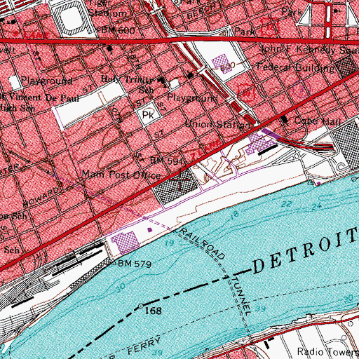 Topographic Map of Detroit Post Office, MI