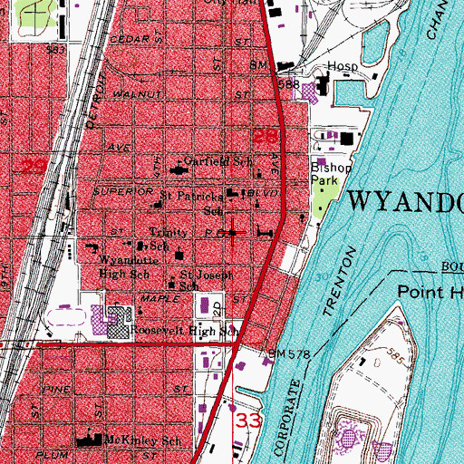 Topographic Map of Wyandotte Post Office, MI