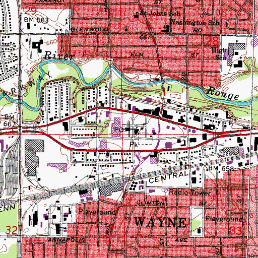 Topographic Map of Wayne Post Office, MI