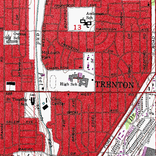 Topographic Map of Trenton High School, MI