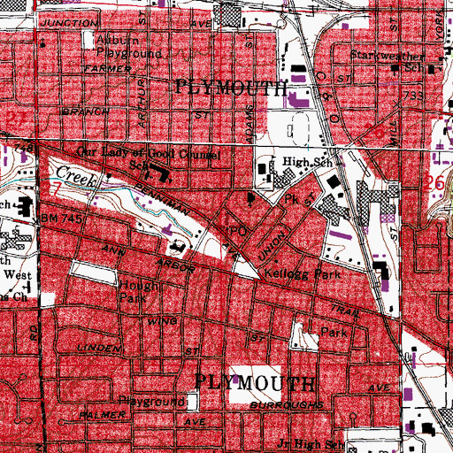 Topographic Map of Plymouth Post Office, MI