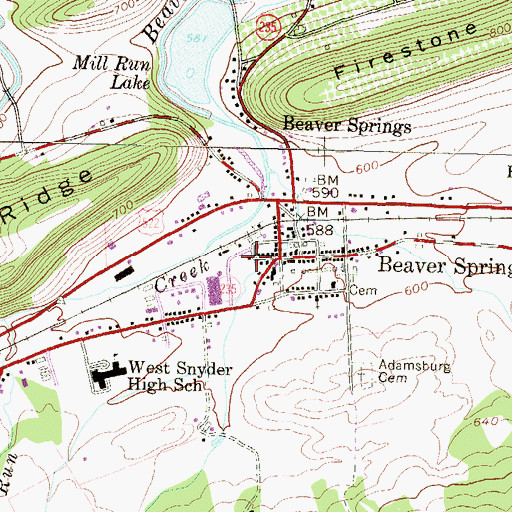 Topographic Map of Beaver Springs Volunteer Fire Company Station 10, PA
