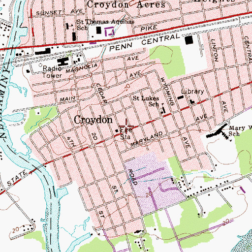 Topographic Map of Croydon Fire Company Station 11, PA