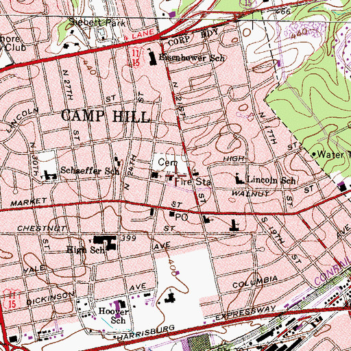 Topographic Map of Camp Hill Fire Company 14, PA