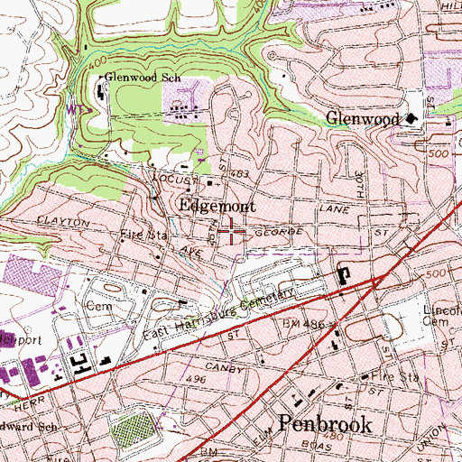 Topographic Map of Edgemont Volunteer Fire Station 31, PA