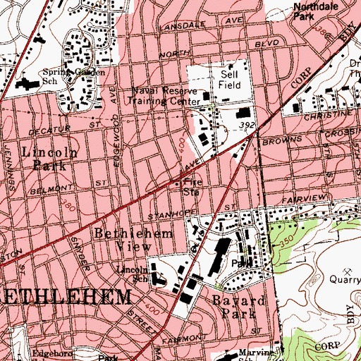 Topographic Map of Bethlehem City Fire Department Lincoln Station, PA