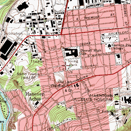 Topographic Map of Allentown Fire Department East Side Fire Station, PA