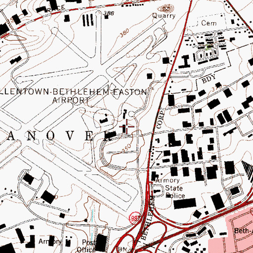 Topographic Map of Lehigh Valley International Airport Fire Department Station 41, PA
