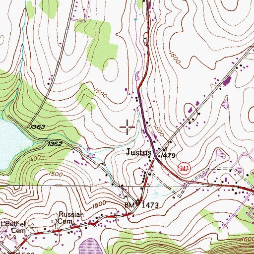 Topographic Map of Justus Volunteer Fire Company Station 28, PA