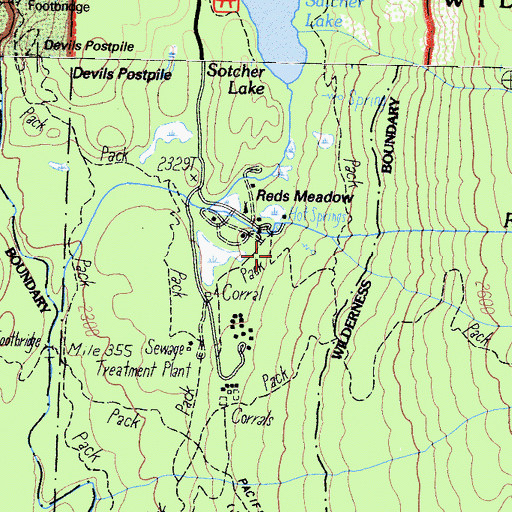 Topographic Map of Reds Meadow Hot Springs, CA